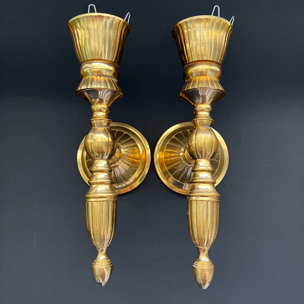 Vintage Brass Wall Sconces Pair Fluted Spindle Candle Holders Made in India 10"